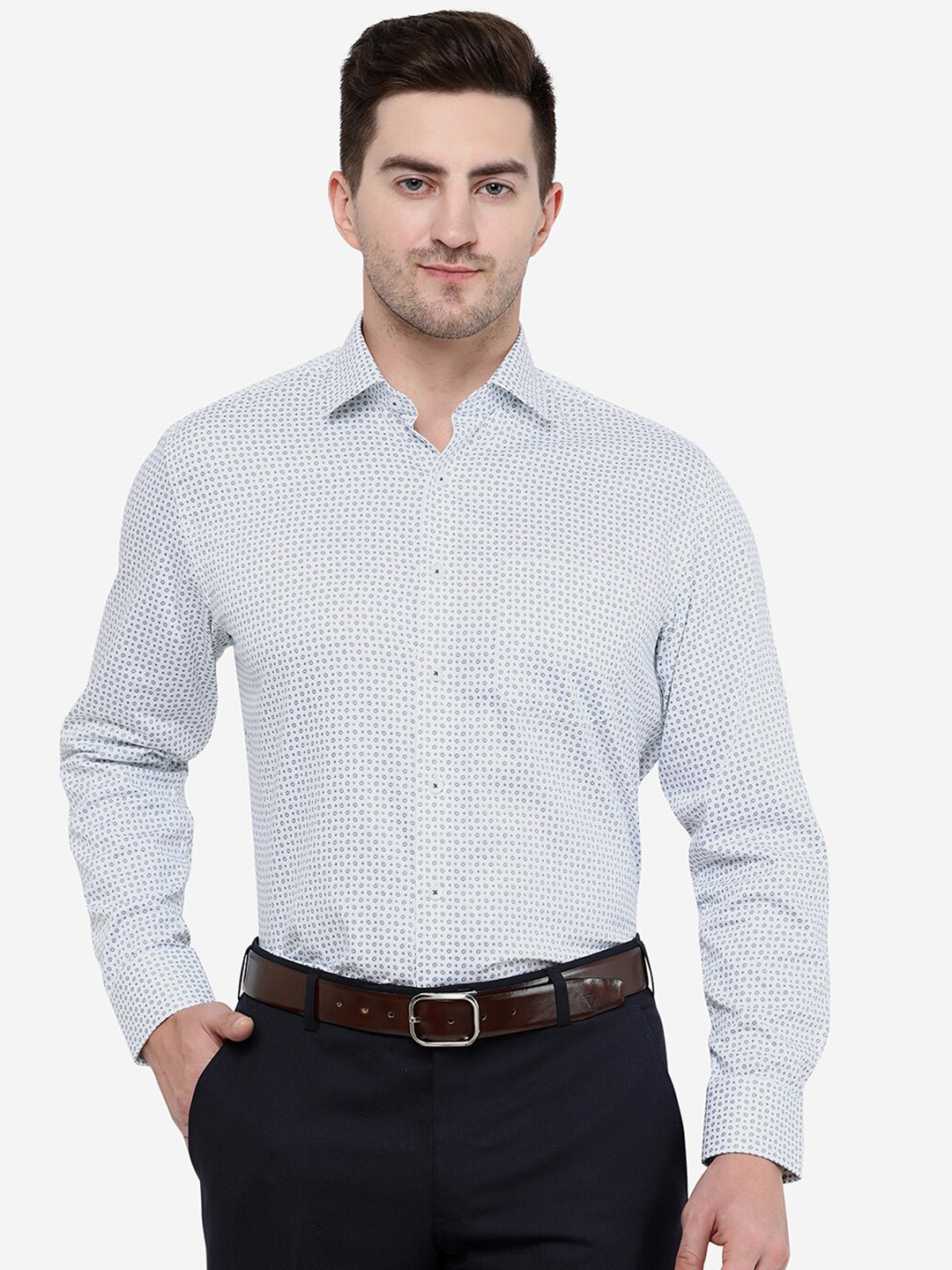 

JADE BLUE Men White Slim Fit Printed Cotton Formal Shirt