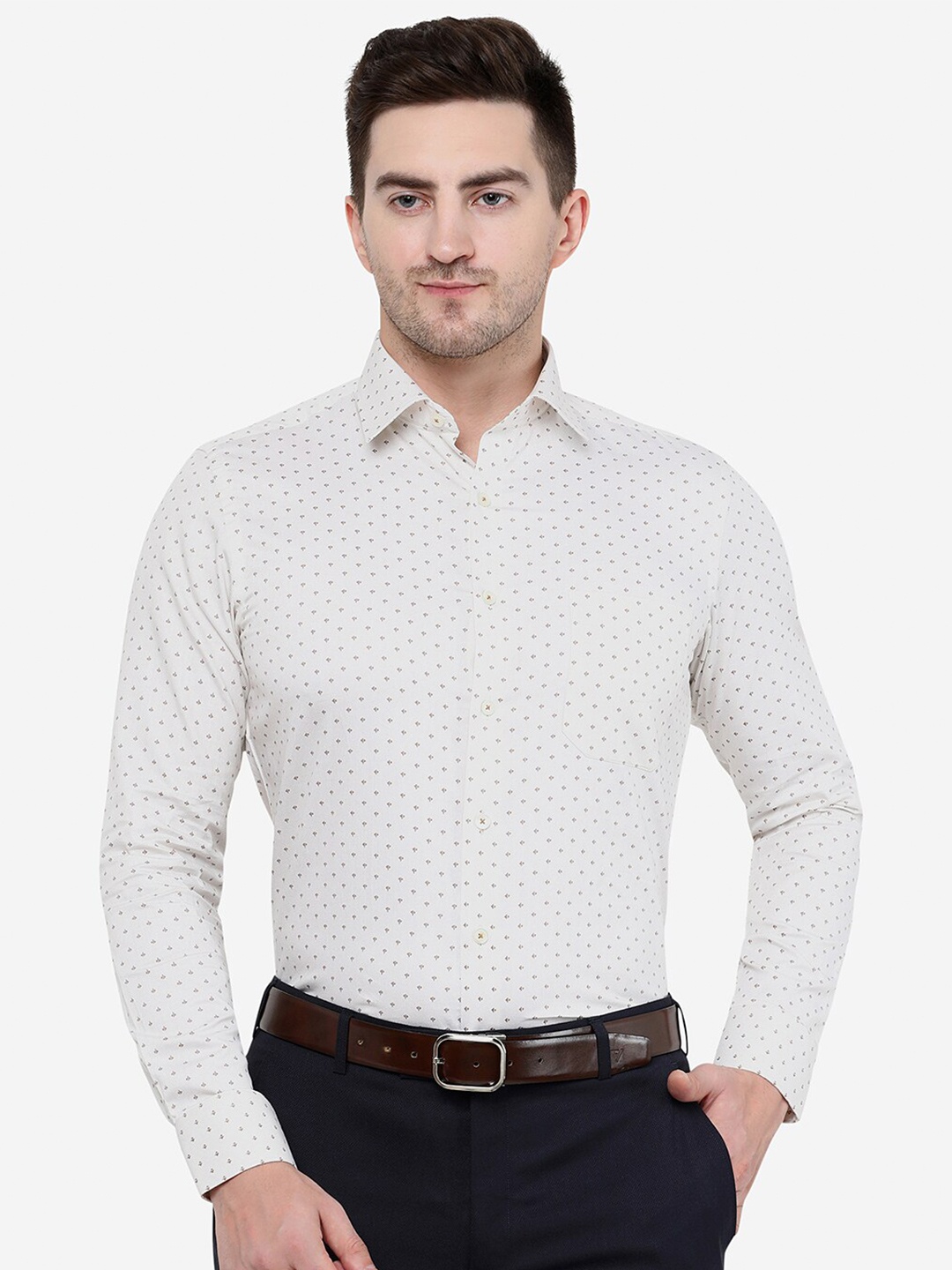 

JADE BLUE Men Slim Fit Printed Cotton Formal Shirt, Cream