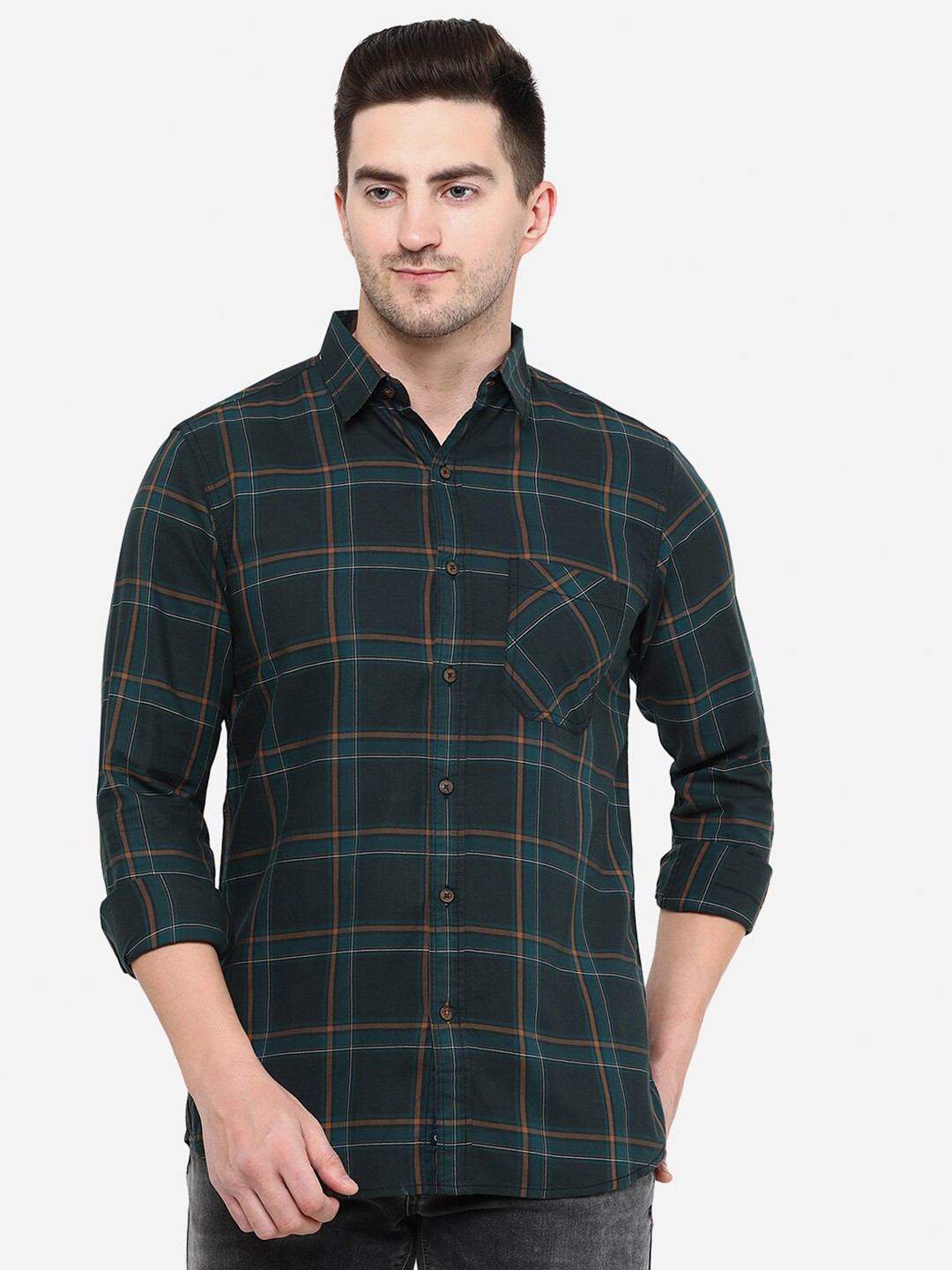 

JADE BLUE Men Slim Fit Tartan Checked Cotton Casual Shirt, Green