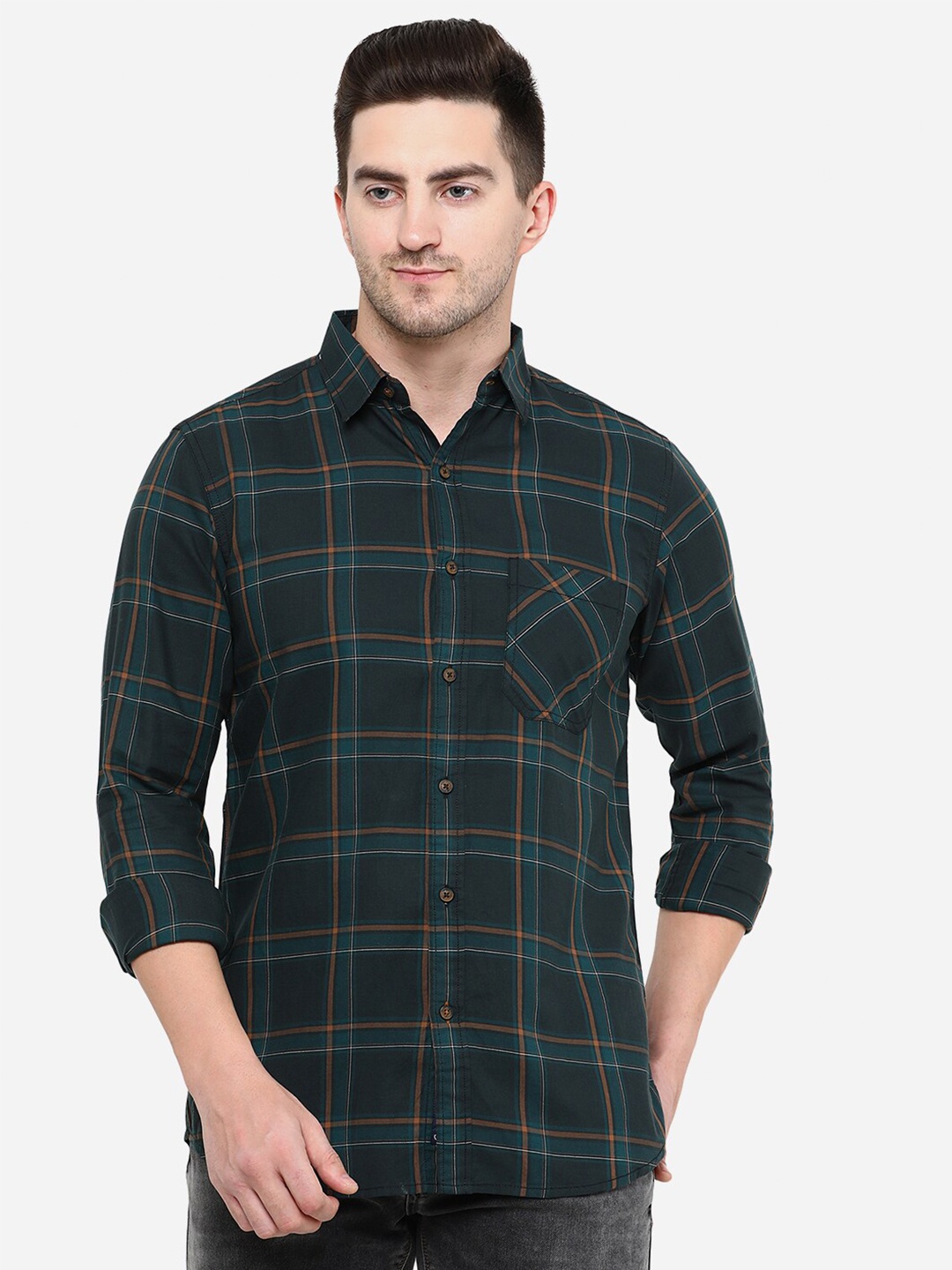 

JADE BLUE Men Slim Fit Tartan Checked Cotton Casual Shirt, Green