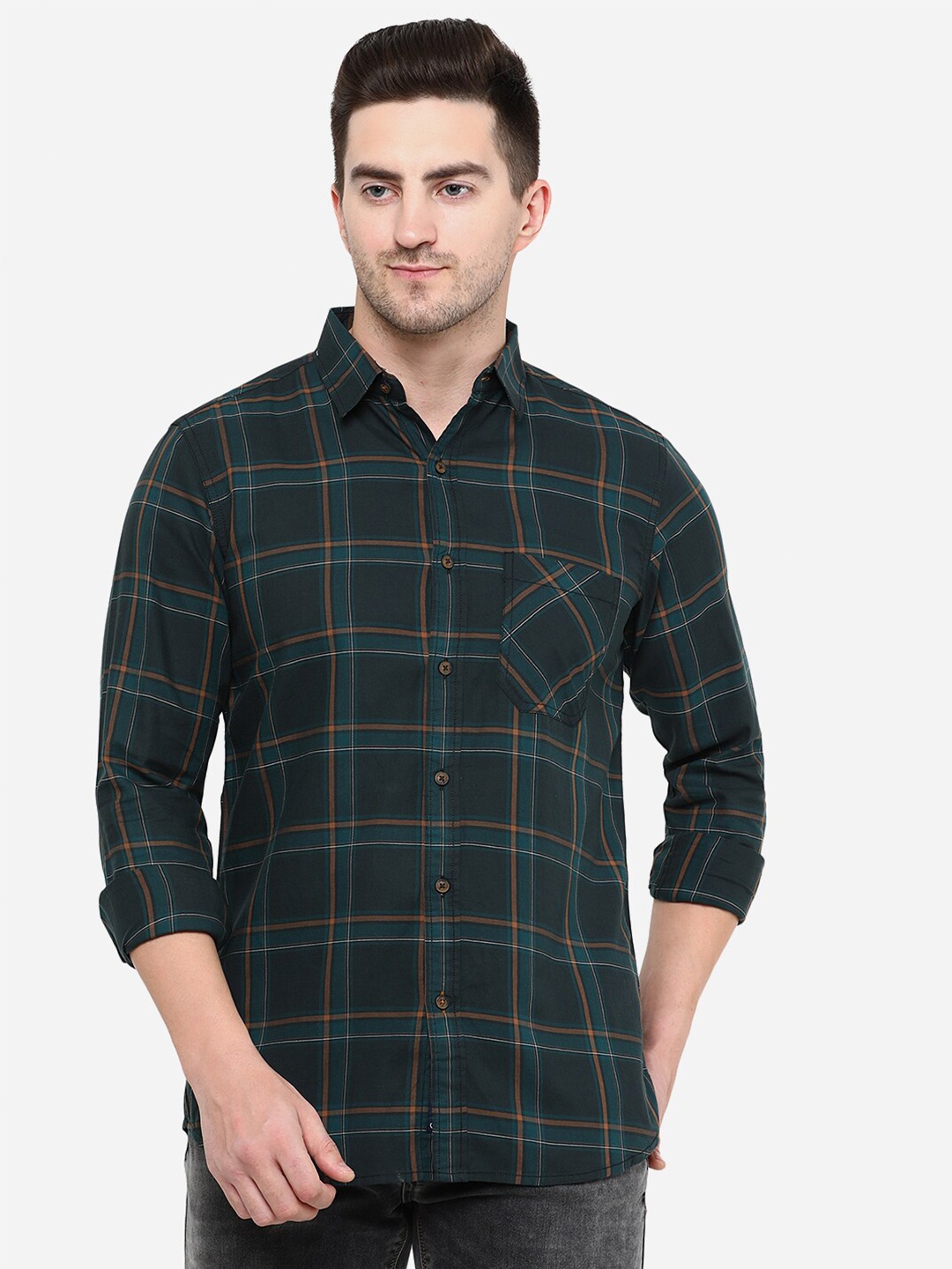 

JADE BLUE Men Slim Fit Tartan Checked Cotton Casual Shirt, Green
