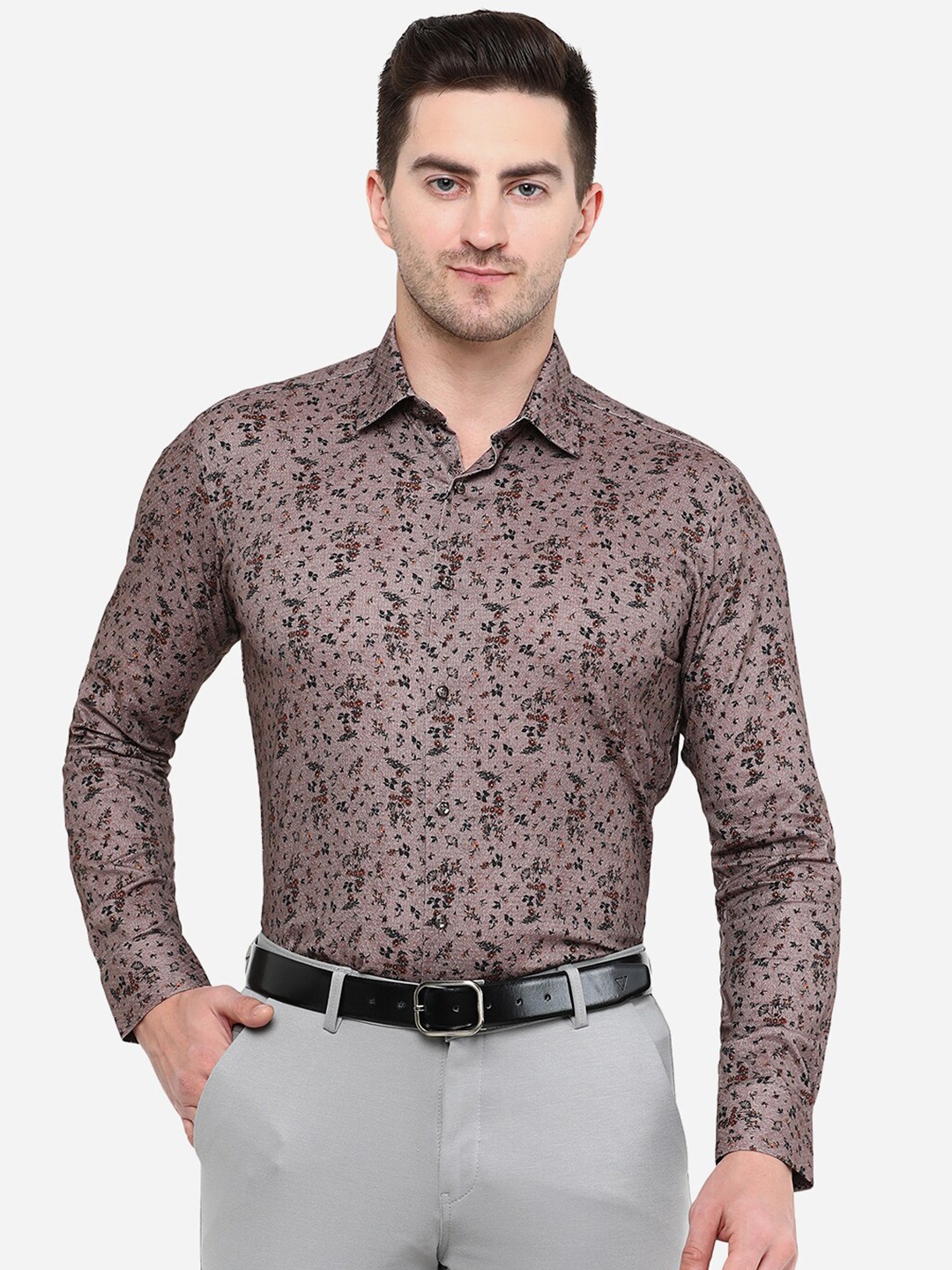 

JB STUDIO Men Slim Fit Floral Printed Cotton Formal Shirt, Brown