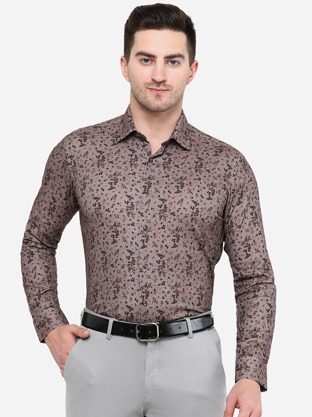 

JB STUDIO Men Slim Fit Floral Printed Cotton Formal Shirt, Brown