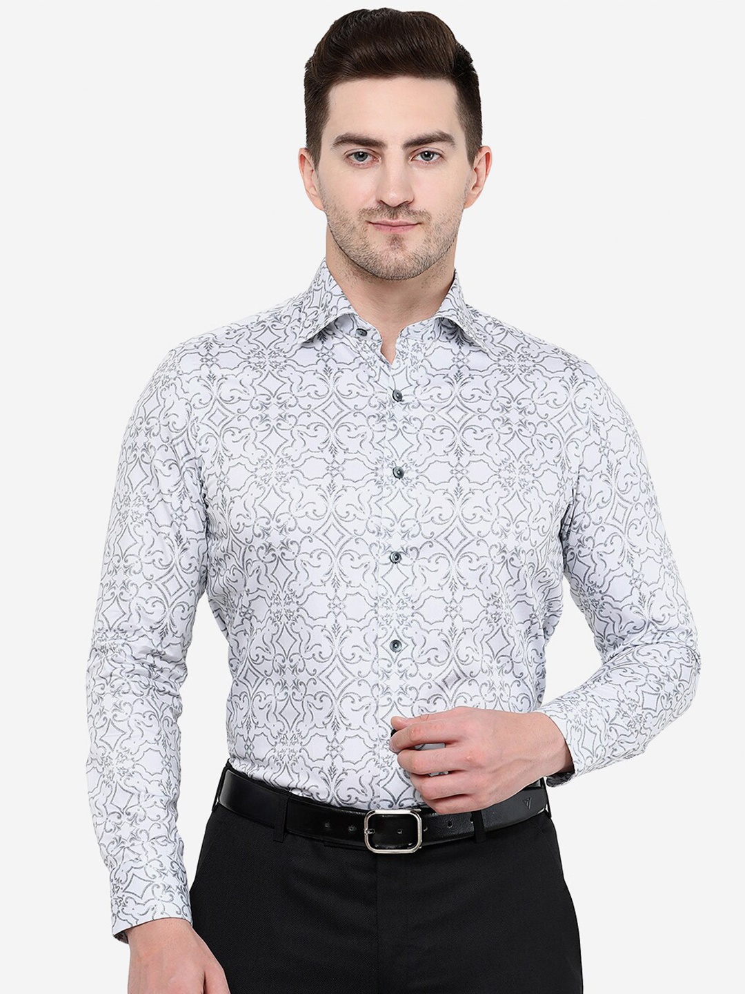 

WYRE Men White Geometric Printed Slim Fit Cotton Formal Shirt