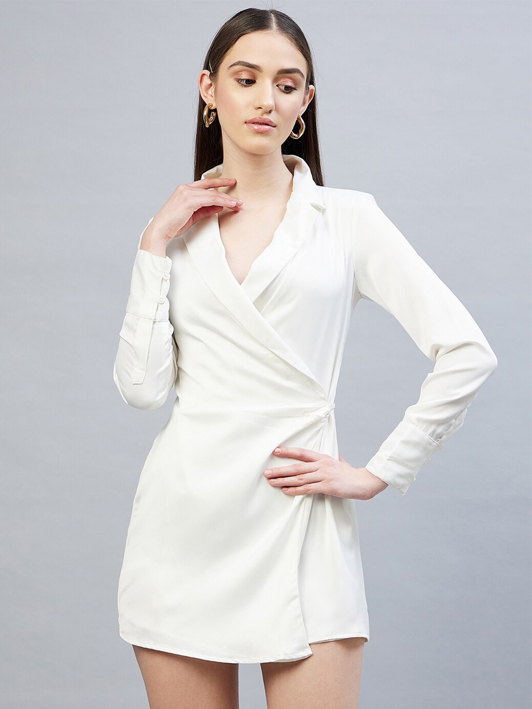 

DELAN Women White Solid Georgette Mini Wrap Dress