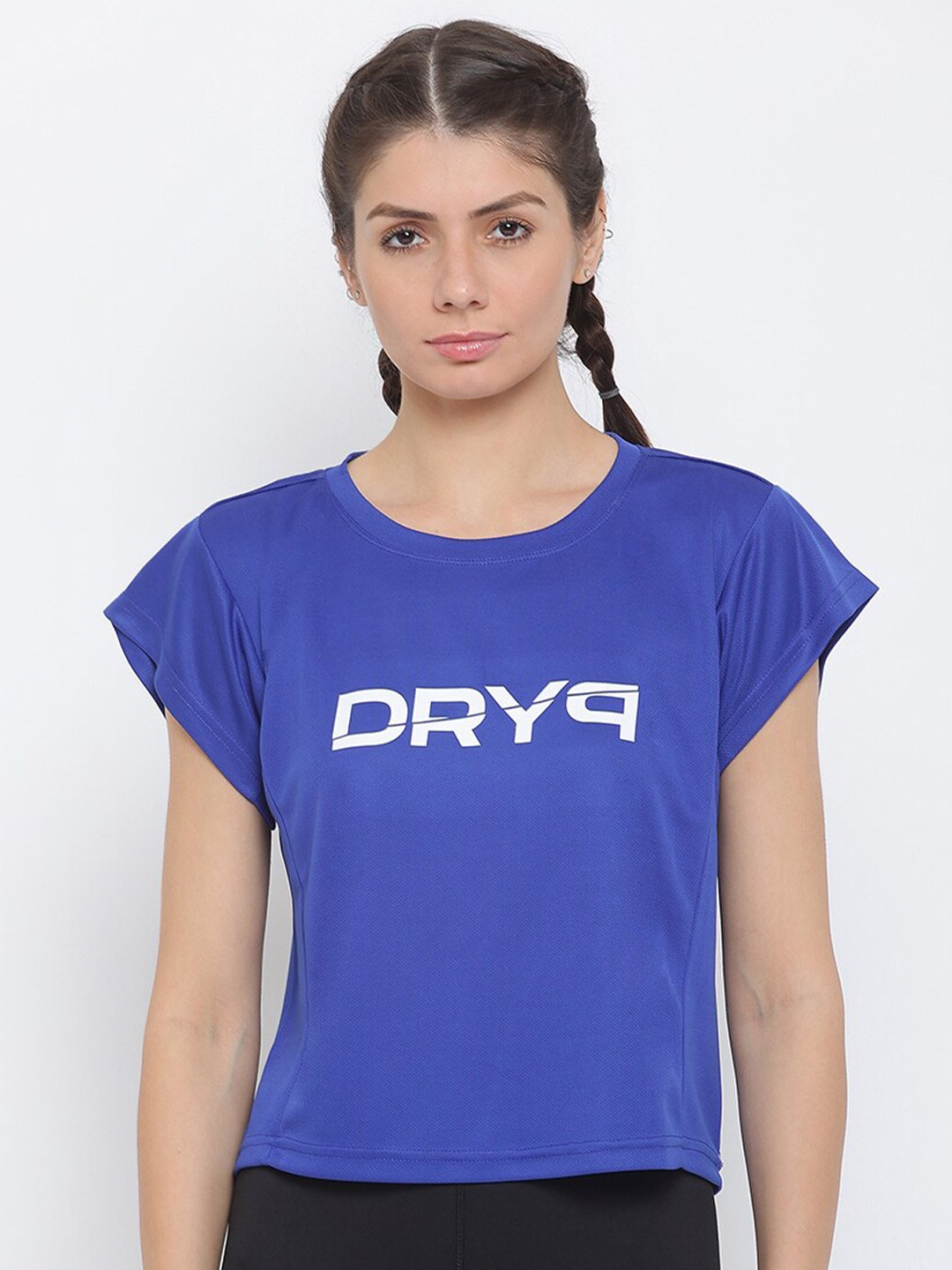 

DRYP EVOLUT Women Blue Typography Extended Sleeves T-shirt