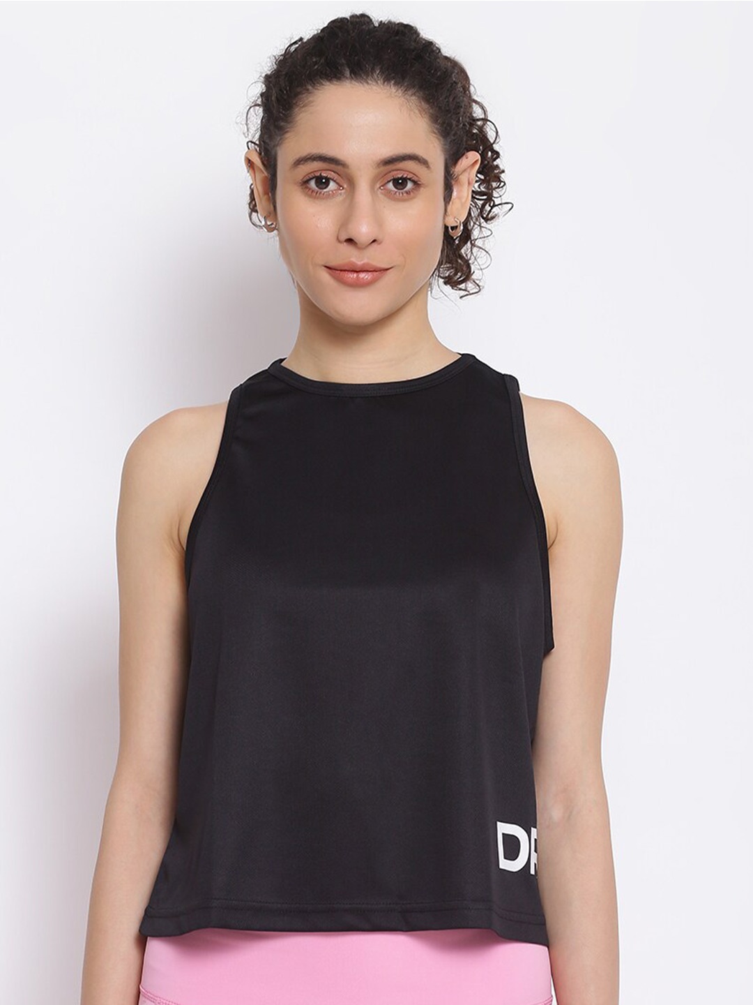 

DRYP EVOLUT Women Black Brand Logo Printed Sleeveless T-shirt