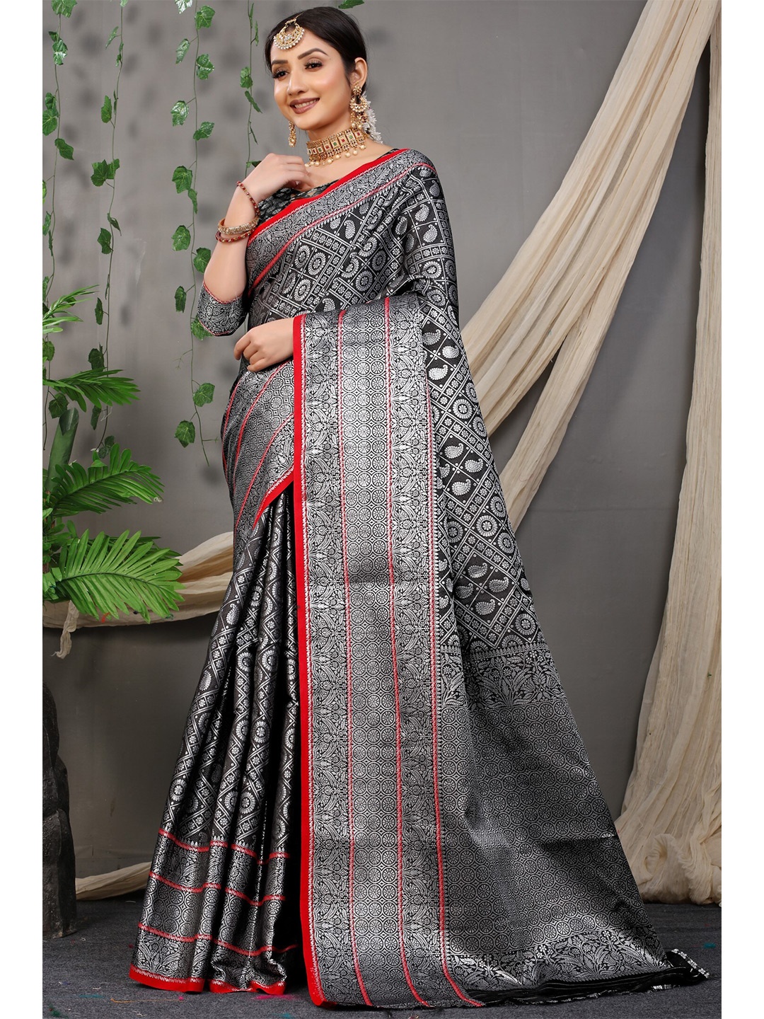 

Anaita Black & Silver-Toned Woven Design Zari Pure Silk Banarasi Saree