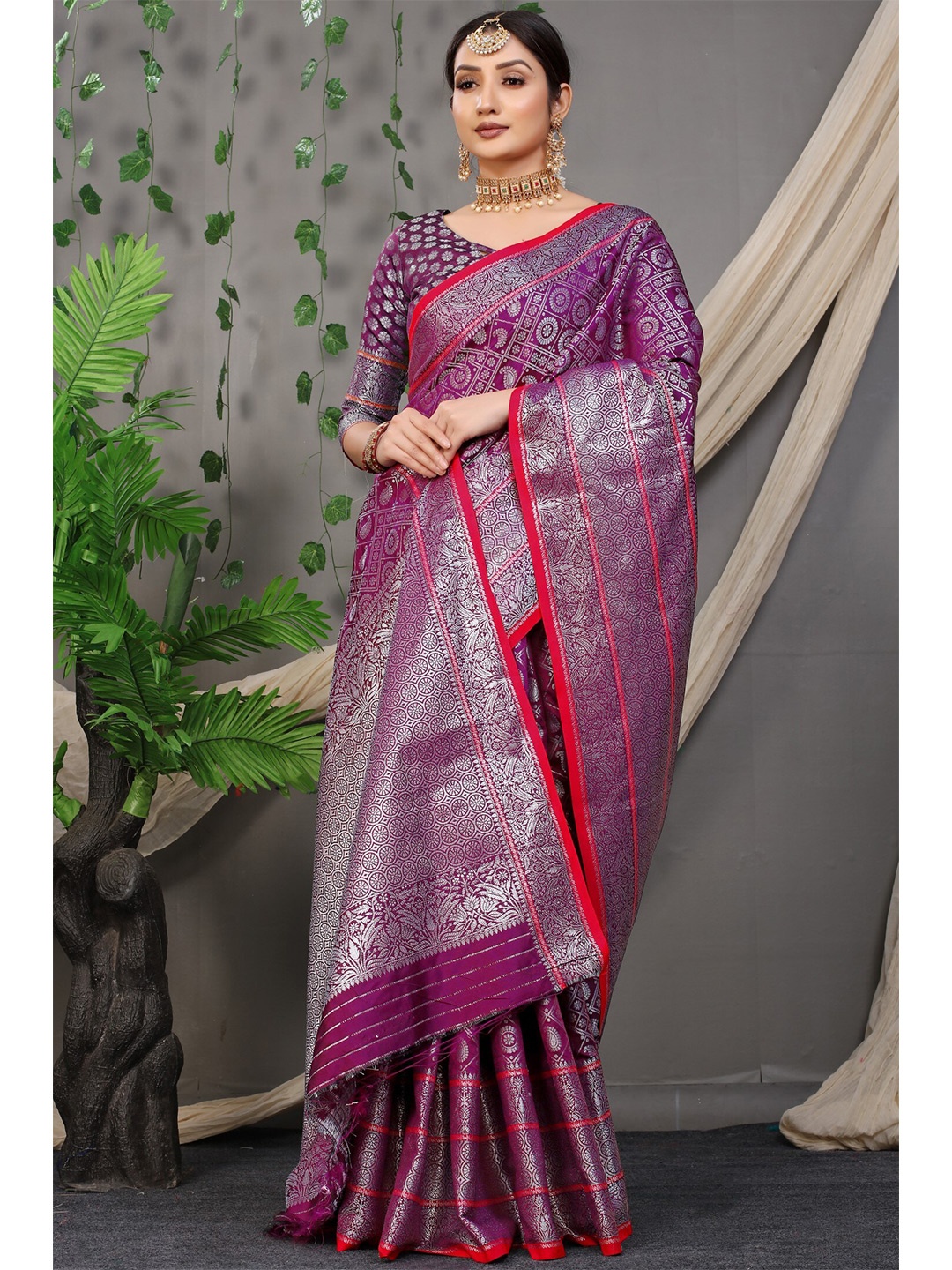 

Anaita Purple & Silver-Toned Woven Design Zari Pure Silk Banarasi Saree