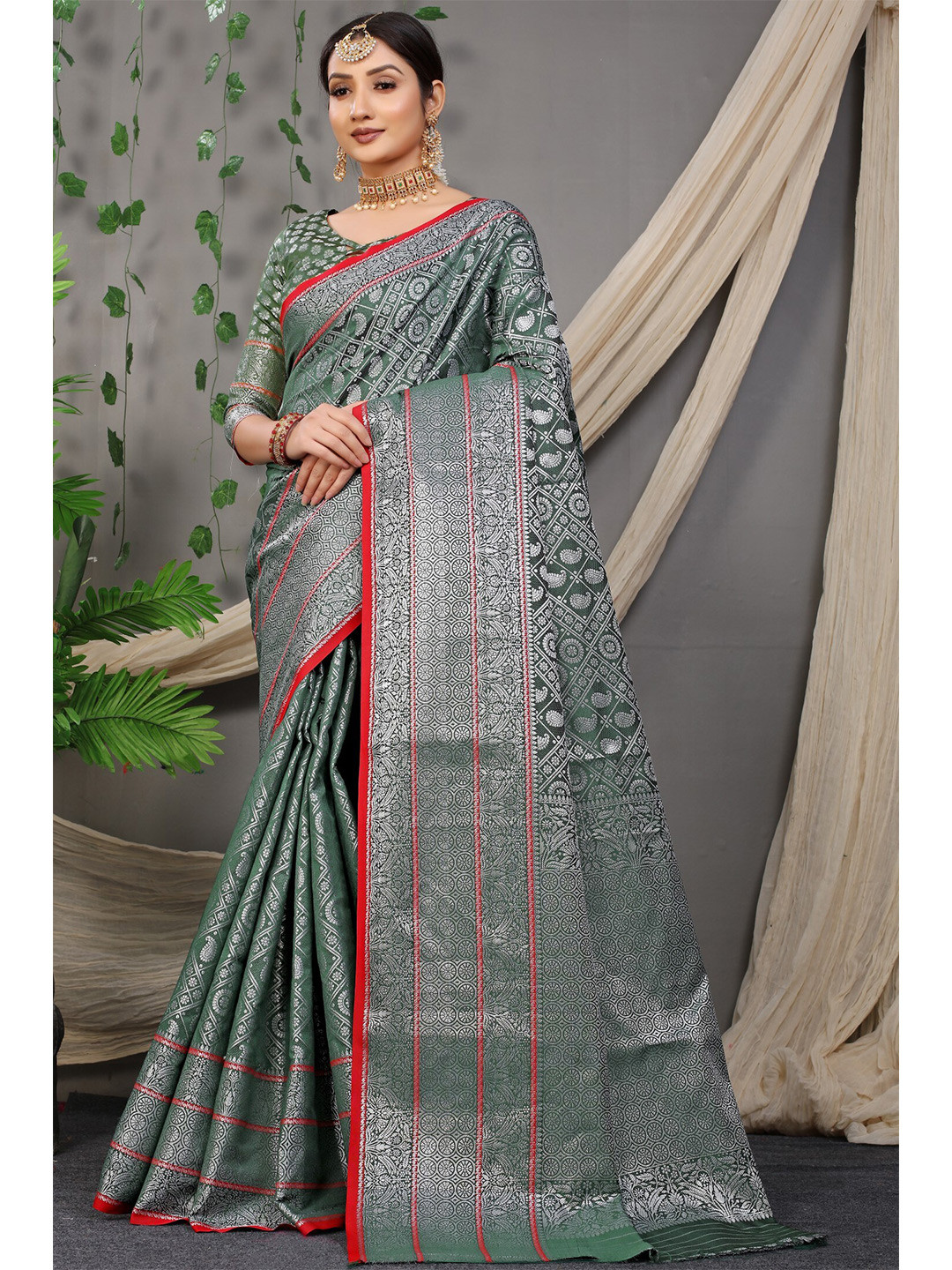 

Anaita Green & Silver-Toned Woven Design Zari Pure Silk Banarasi Saree