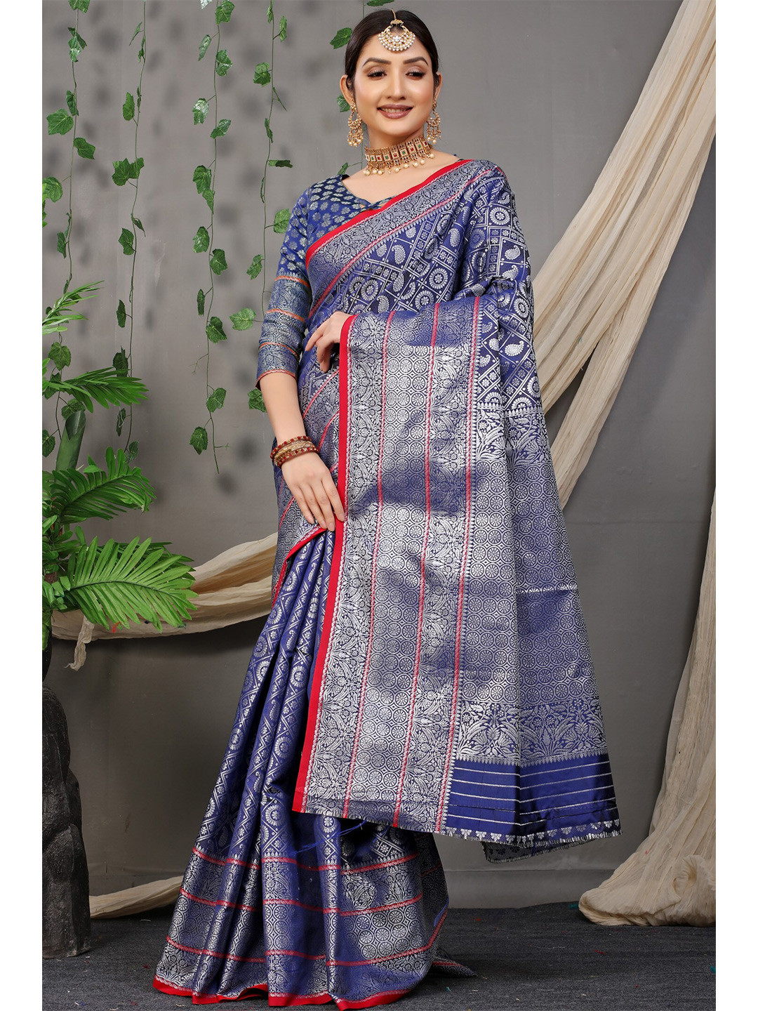 

Anaita Navy Blue & Silver-Toned Woven Design Zari Pure Silk Banarasi Saree