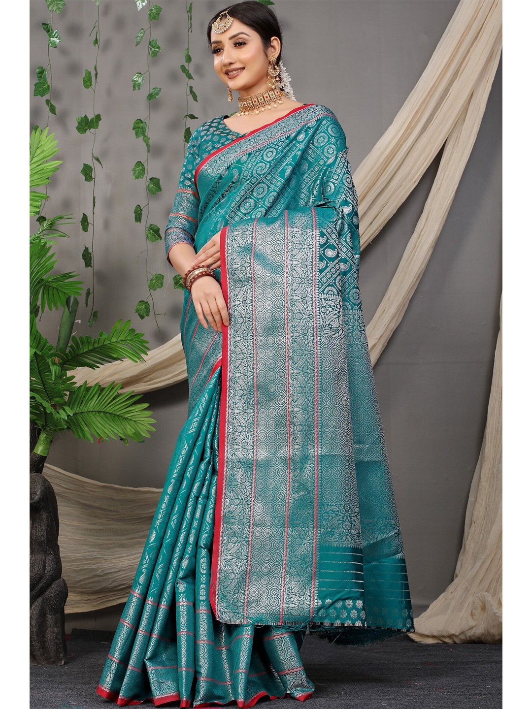 

Anaita Teal & Silver-Toned Woven Design Zari Pure Silk Banarasi Saree