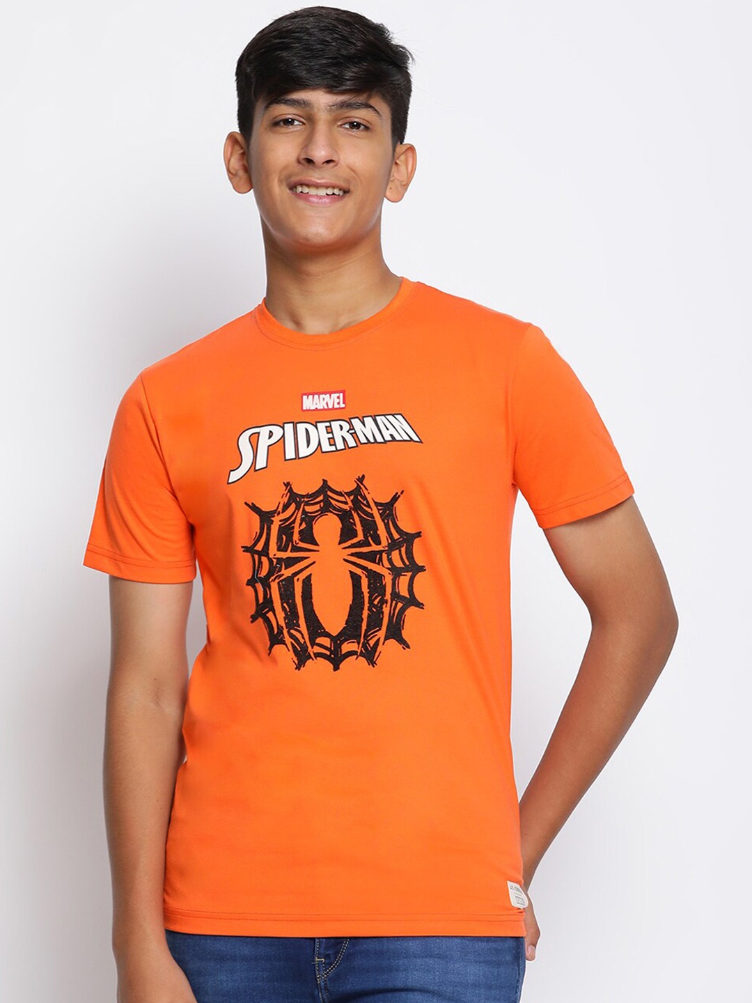 

Lil Tomatoes Boys Orange Typography Spider-Man Printed T-shirt