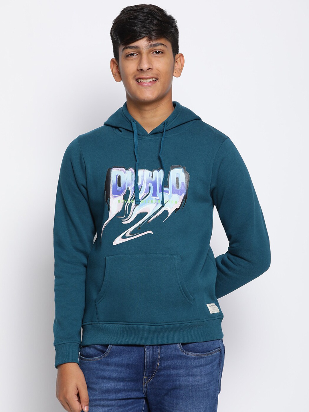 

Lil Tomatoes Boys Teal Printed Hooded Sweatshirt