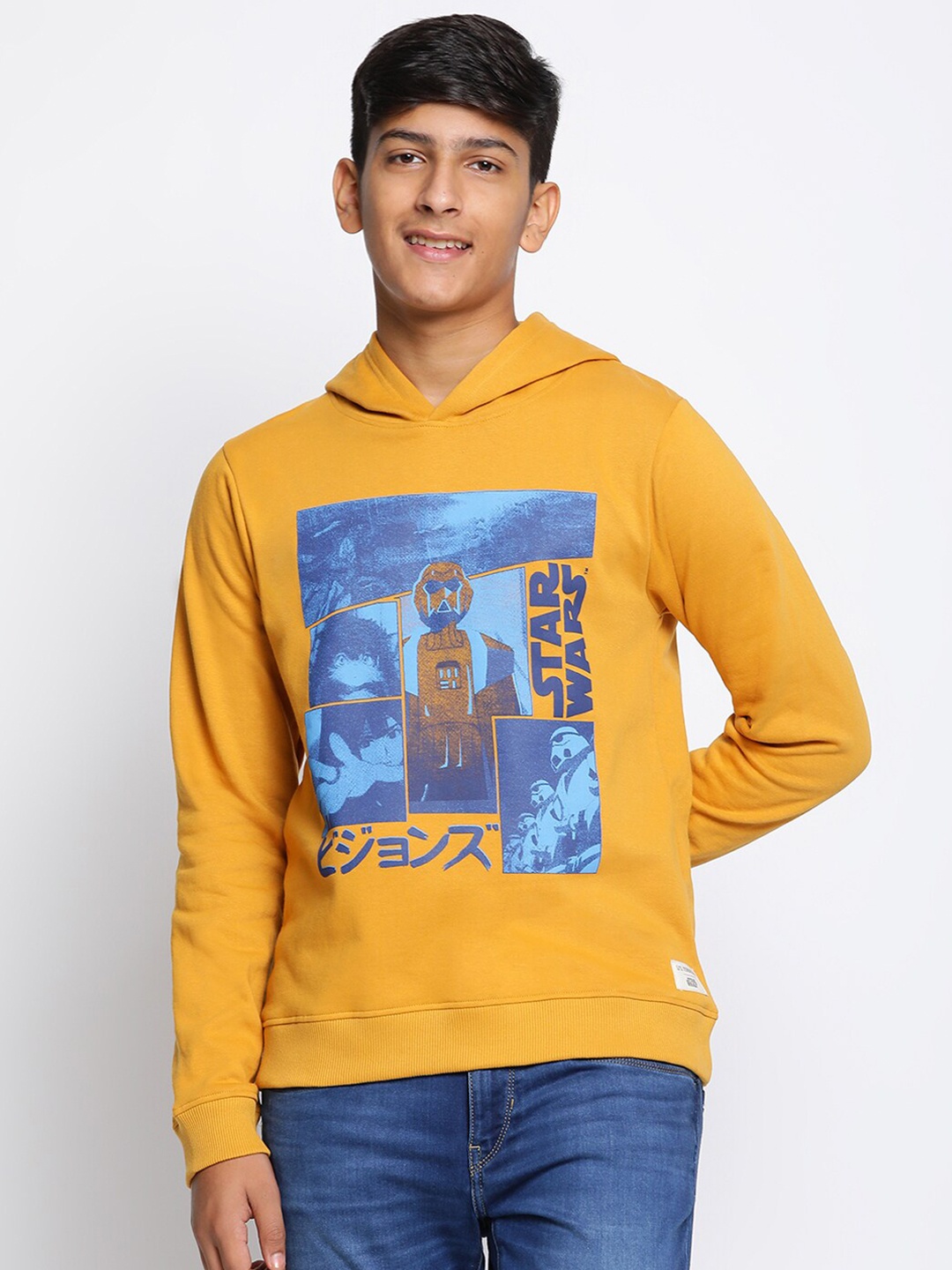 

Lil Tomatoes Boys Mustard Printed Hooded Sweatshirt