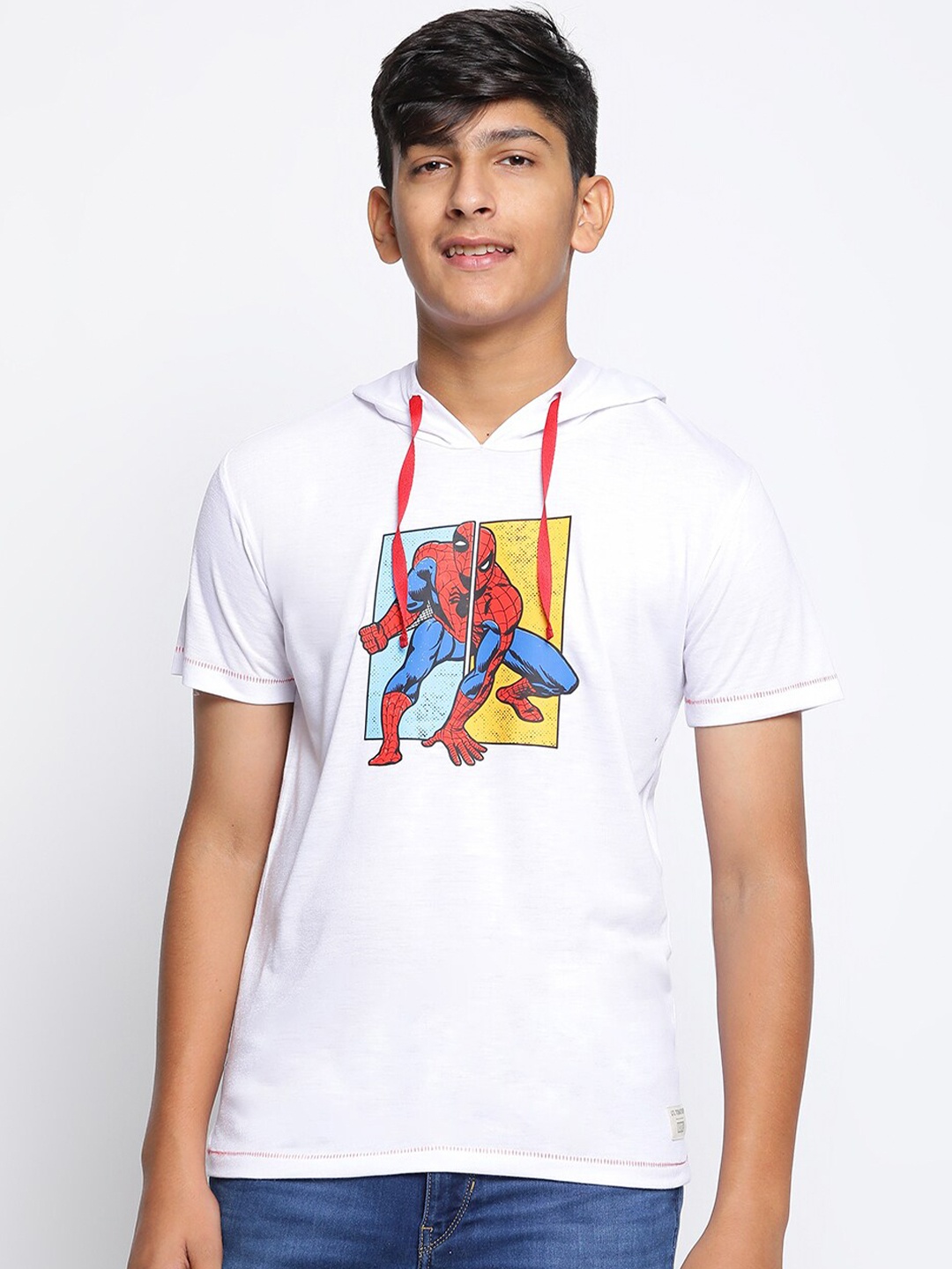 

Lil Tomatoes Boys White Spider-Man Printed V-Neck T-shirt