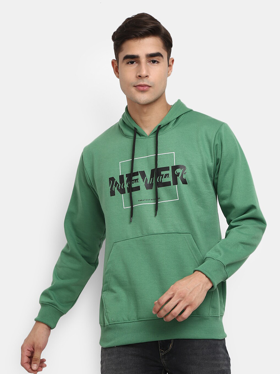 

V-Mart Men Green Printed Hooded Sweatshirt
