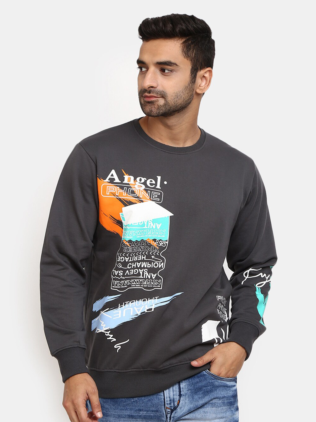 

V-Mart Men Grey Printed Fleece Sweatshirt