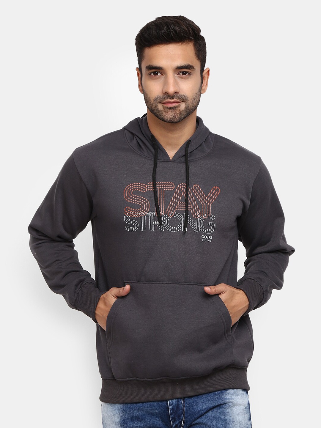 

V-Mart Men Grey Printed Hooded Fleece Sweatshirt