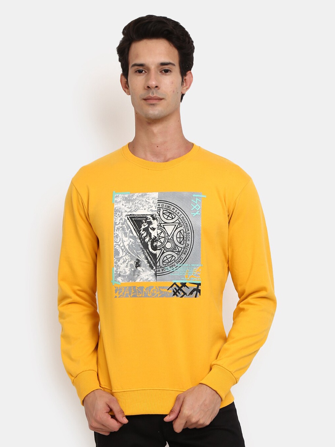 

V-Mart Men Mustard Yellow Graphic Printed Round Neck Sweatshirt