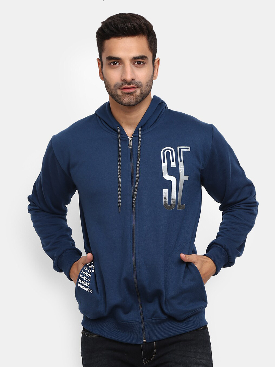 

V-Mart Men Teal Blue Alphanumeric Hooded Fleece Sweatshirt