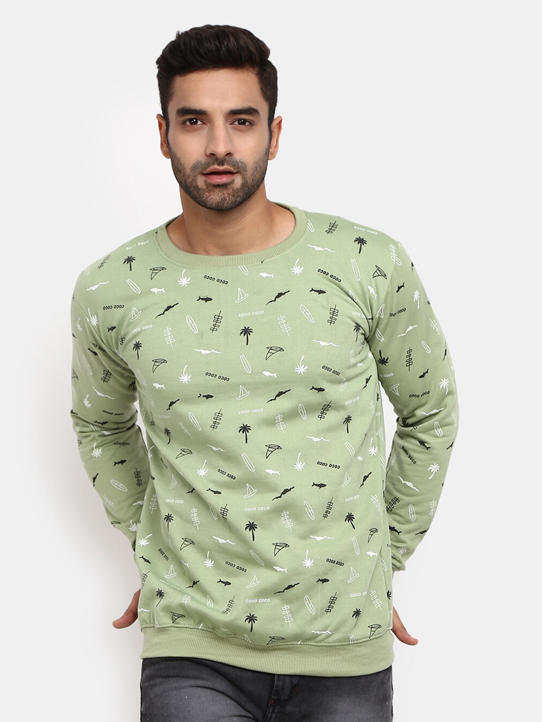 

V-Mart Men Light Green Conversational Printed Sweatshirt