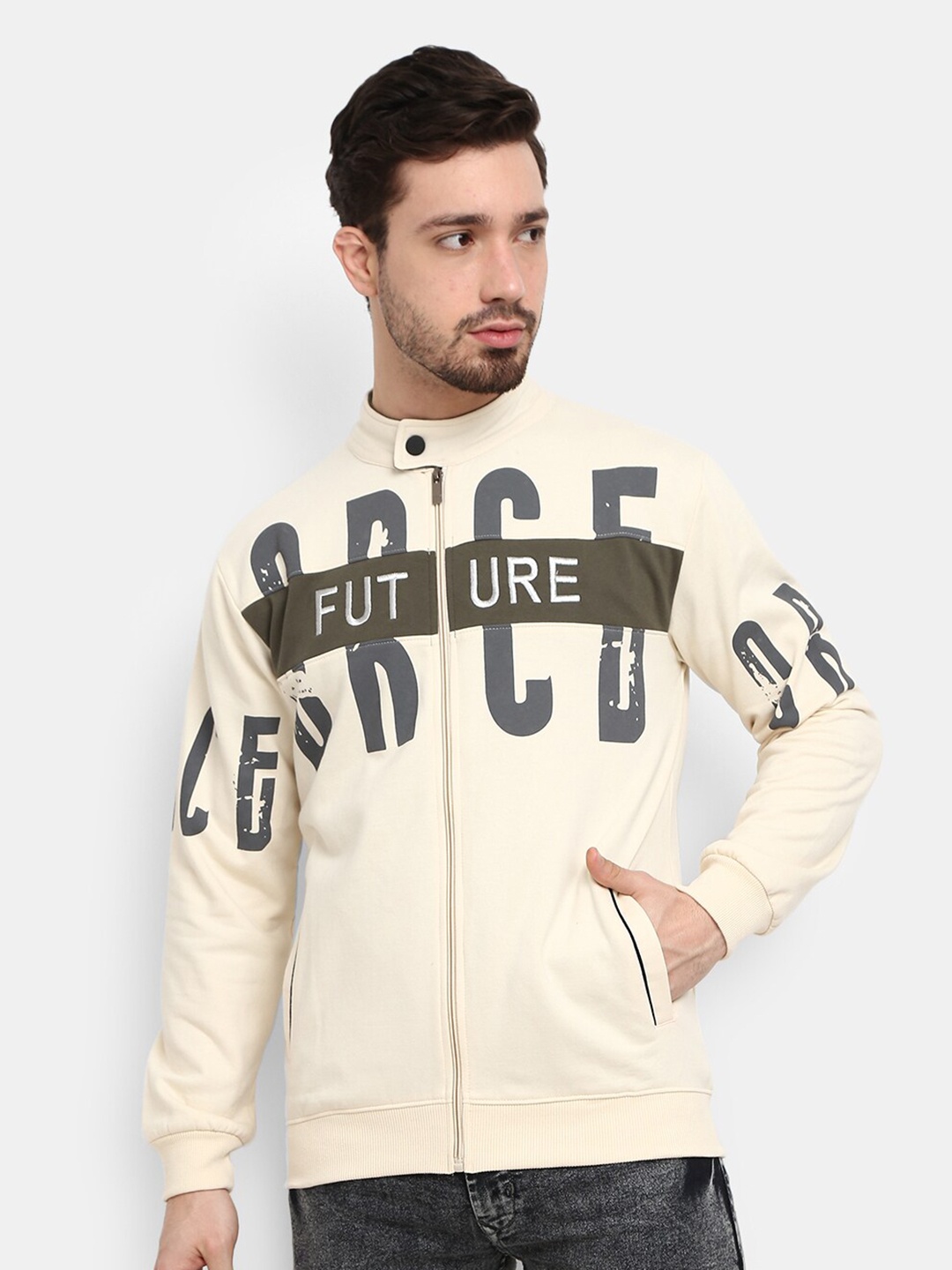 

V-Mart Men Cream-Coloured Alphanumeric Printed Front-Open Sweatshirt