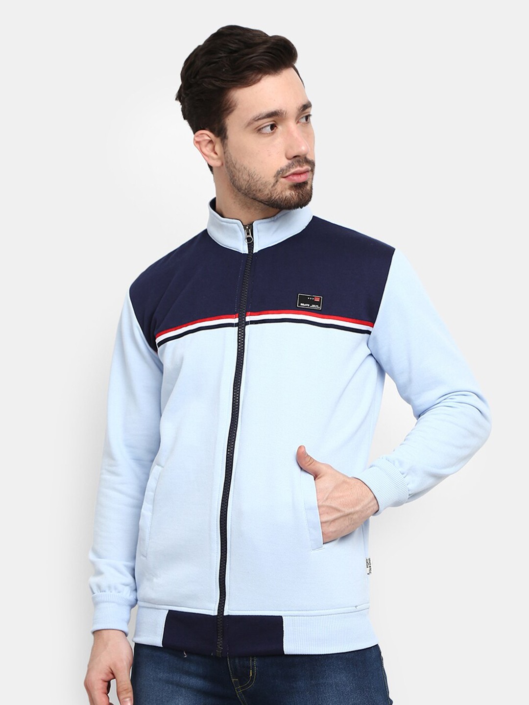 

V-Mart Men Blue & Navy Blue Colourblocked Fleece Sweatshirt