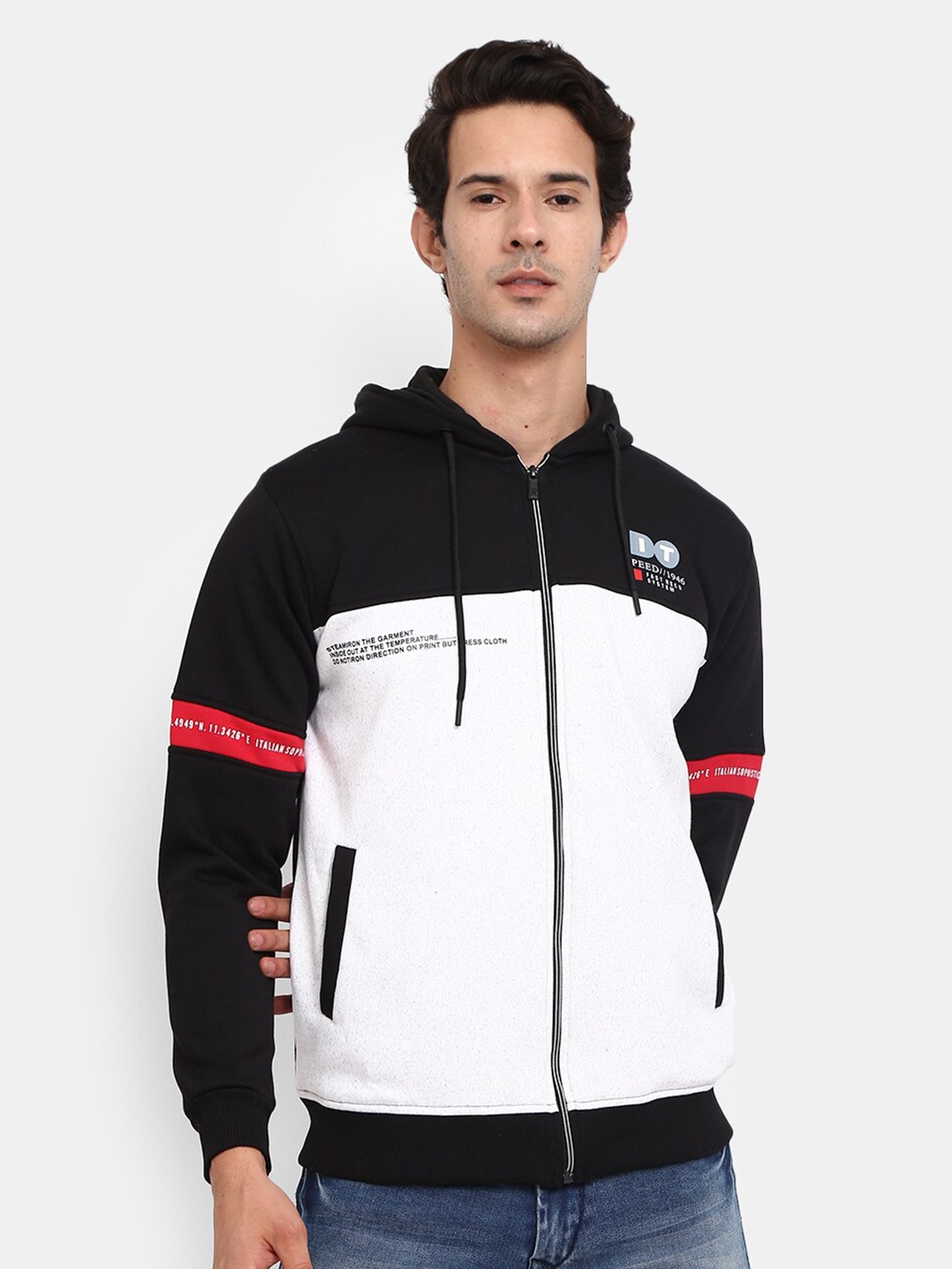 

V-Mart Men Black & White Colourblocked Hooded Fleece Sweatshirt