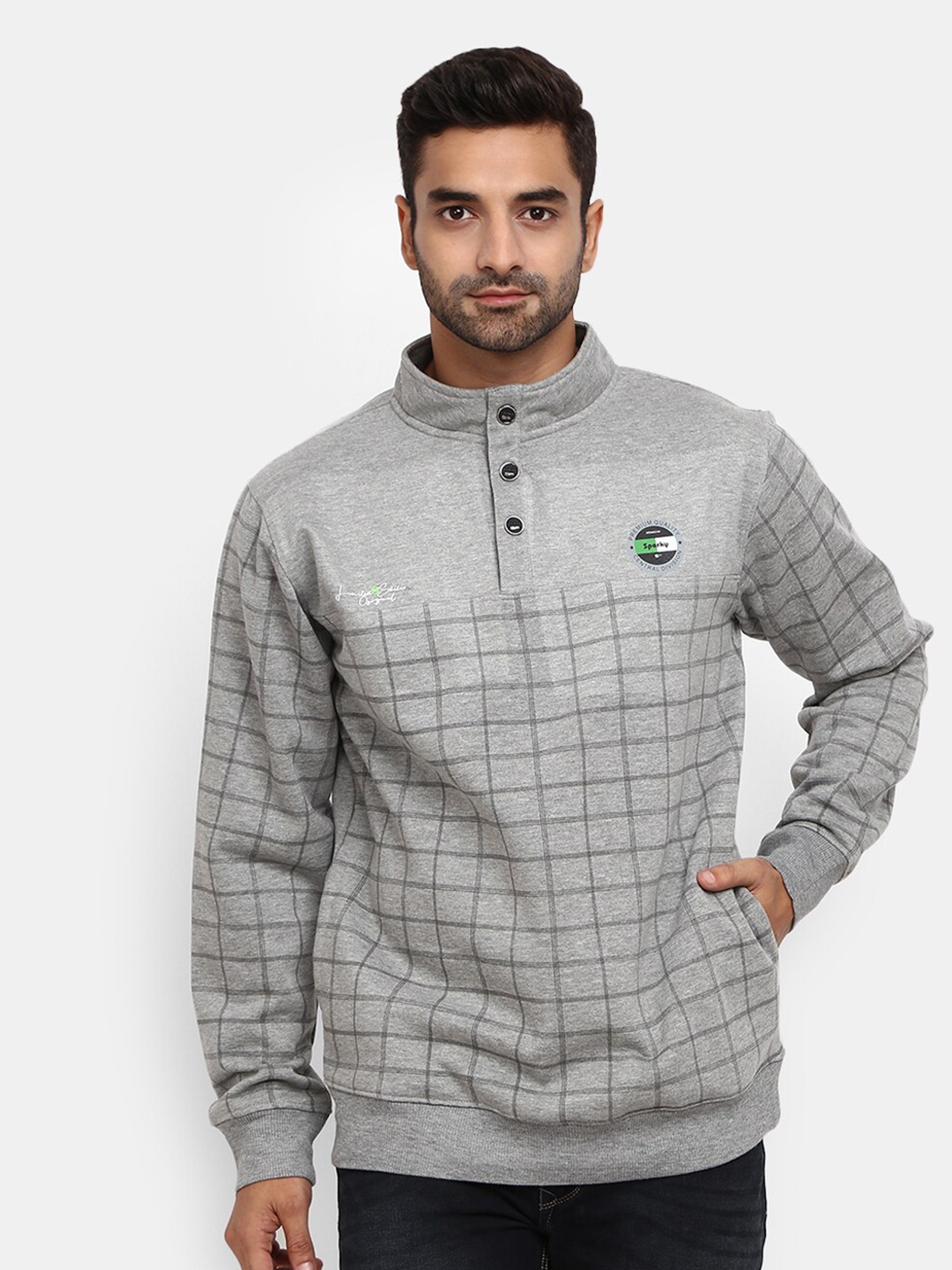 

V-Mart Men Grey Checked Fleece Sweatshirt