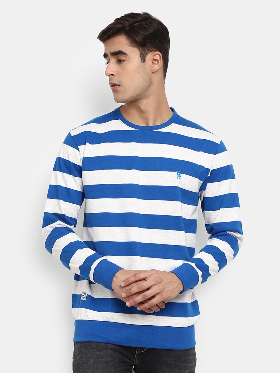 

V-Mart Round Neck Striped Sweatshirt, Blue