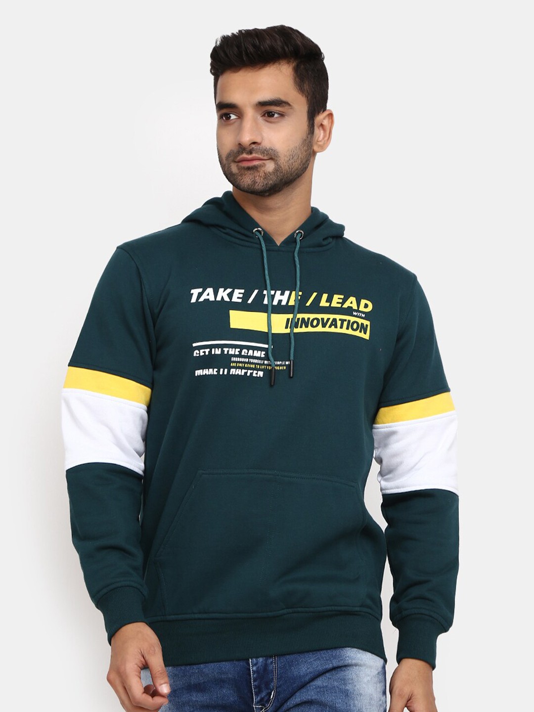 

V-Mart Men Teal Green Printed Hooded Sweatshirt
