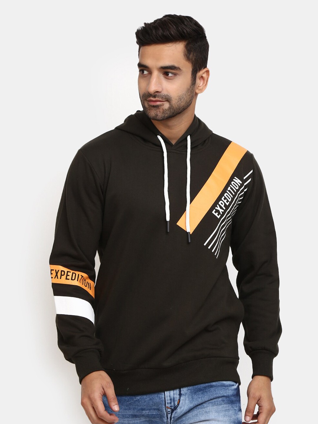 

V-Mart Men Olive Green Colourblocked Hooded Fleece Sweatshirt