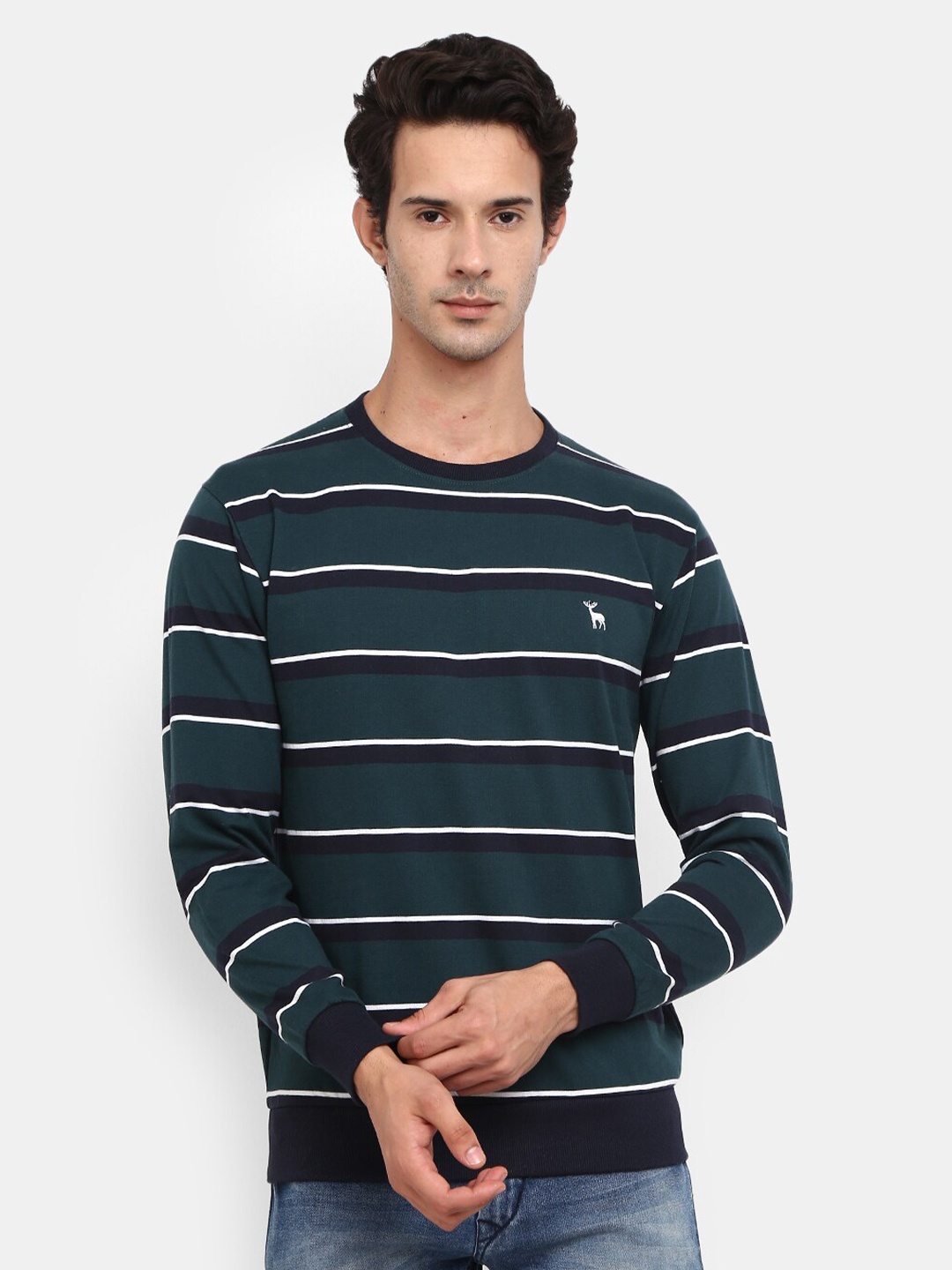 

V-Mart Men Green Striped Round Neck Sweatshirt