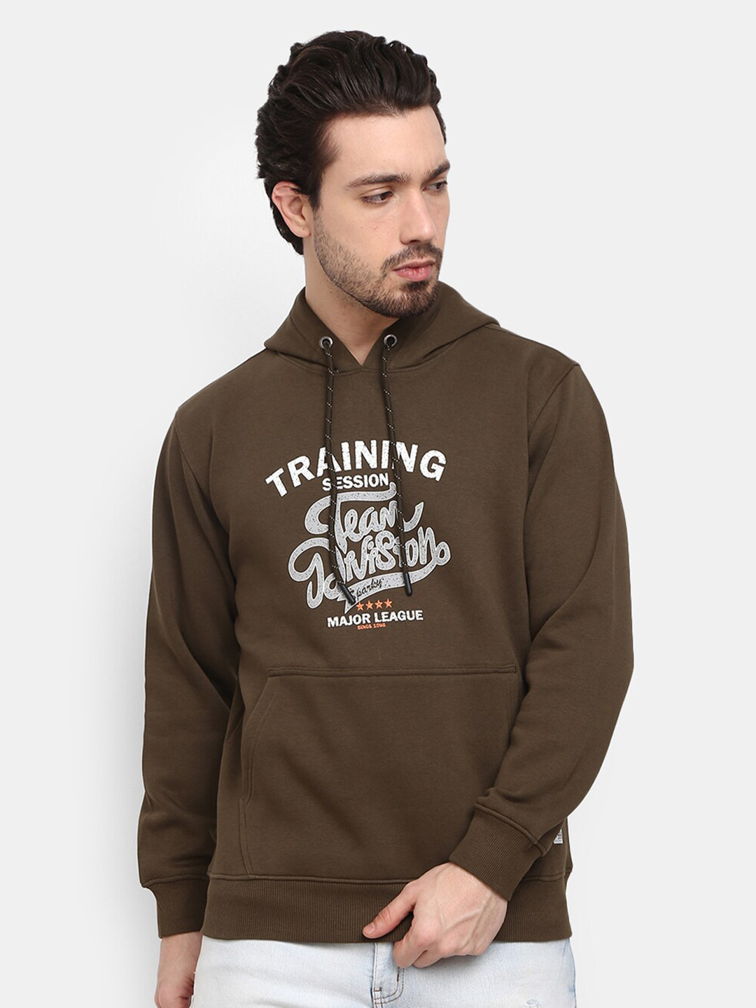

V-Mart Men Olive Green Typography Printed Hooded Fleece Sweatshirt