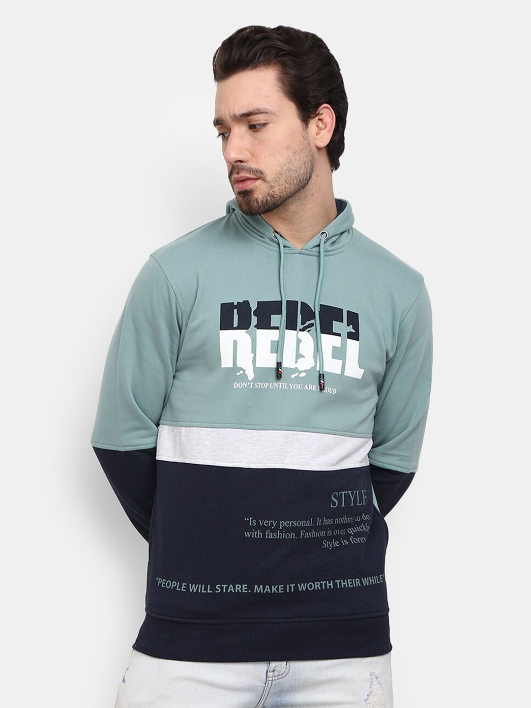 

V-Mart Men Sea Green & Navy Blue Colourblocked Hooded Fleece Sweatshirt