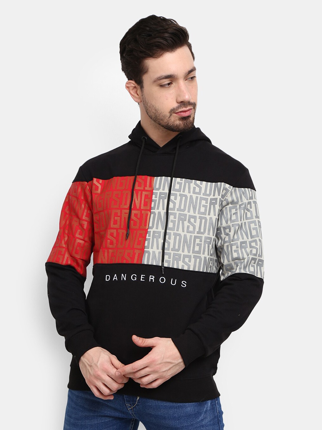

V-Mart Men Black Colourblocked Hooded Sweatshirt