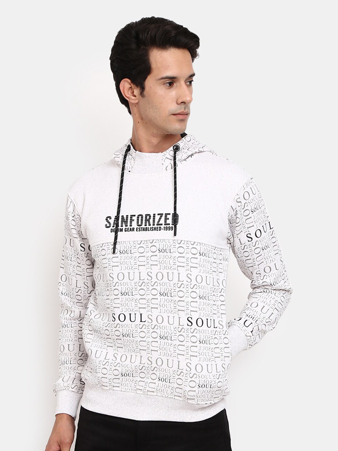 

V-Mart Men White Printed Hooded Sweatshirt