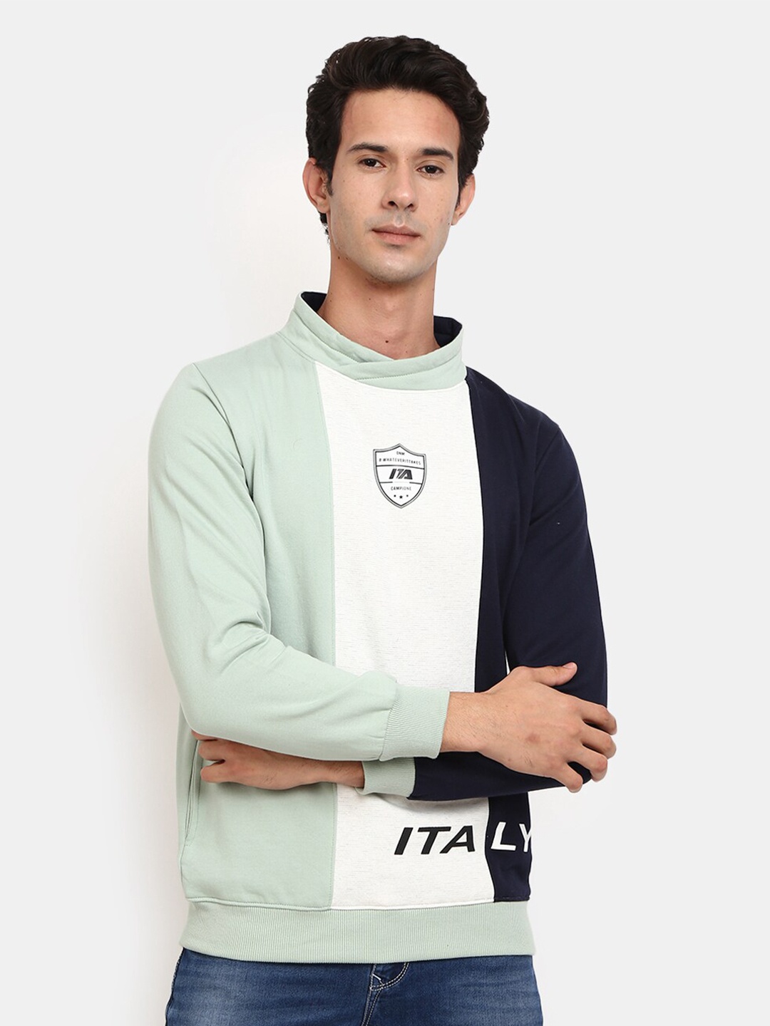 

V-Mart Men Sea Green & White Colourblocked Fleece Sweatshirt