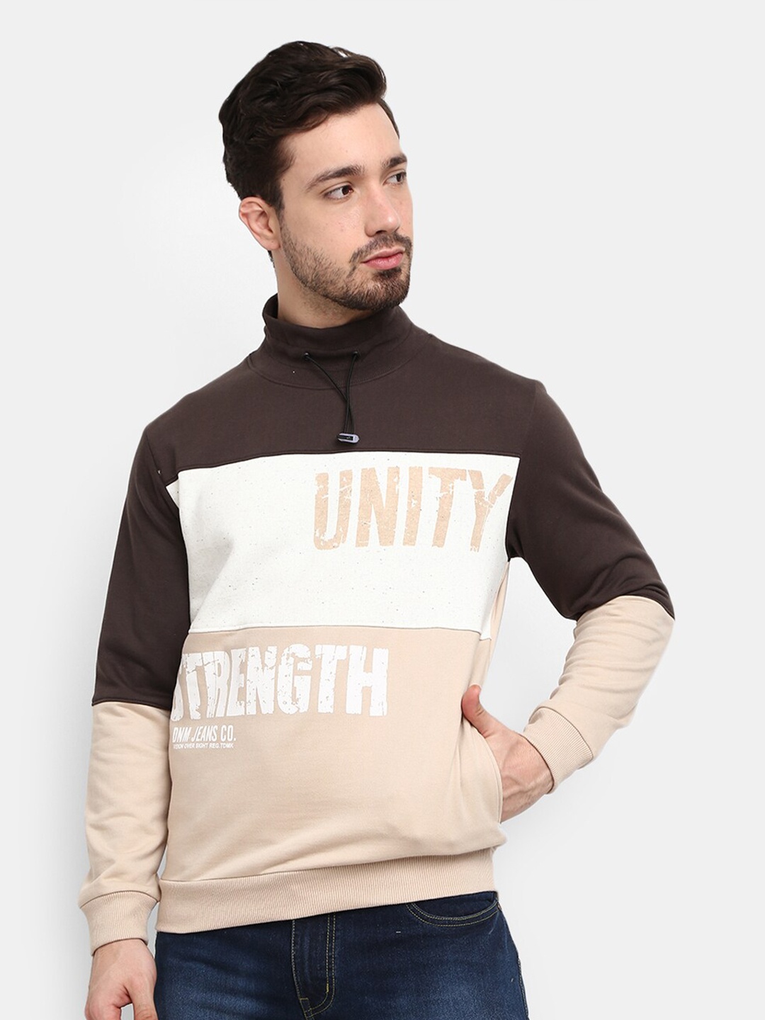 

V-Mart Men Grey & Brown Colourblocked Fleece Sweatshirt