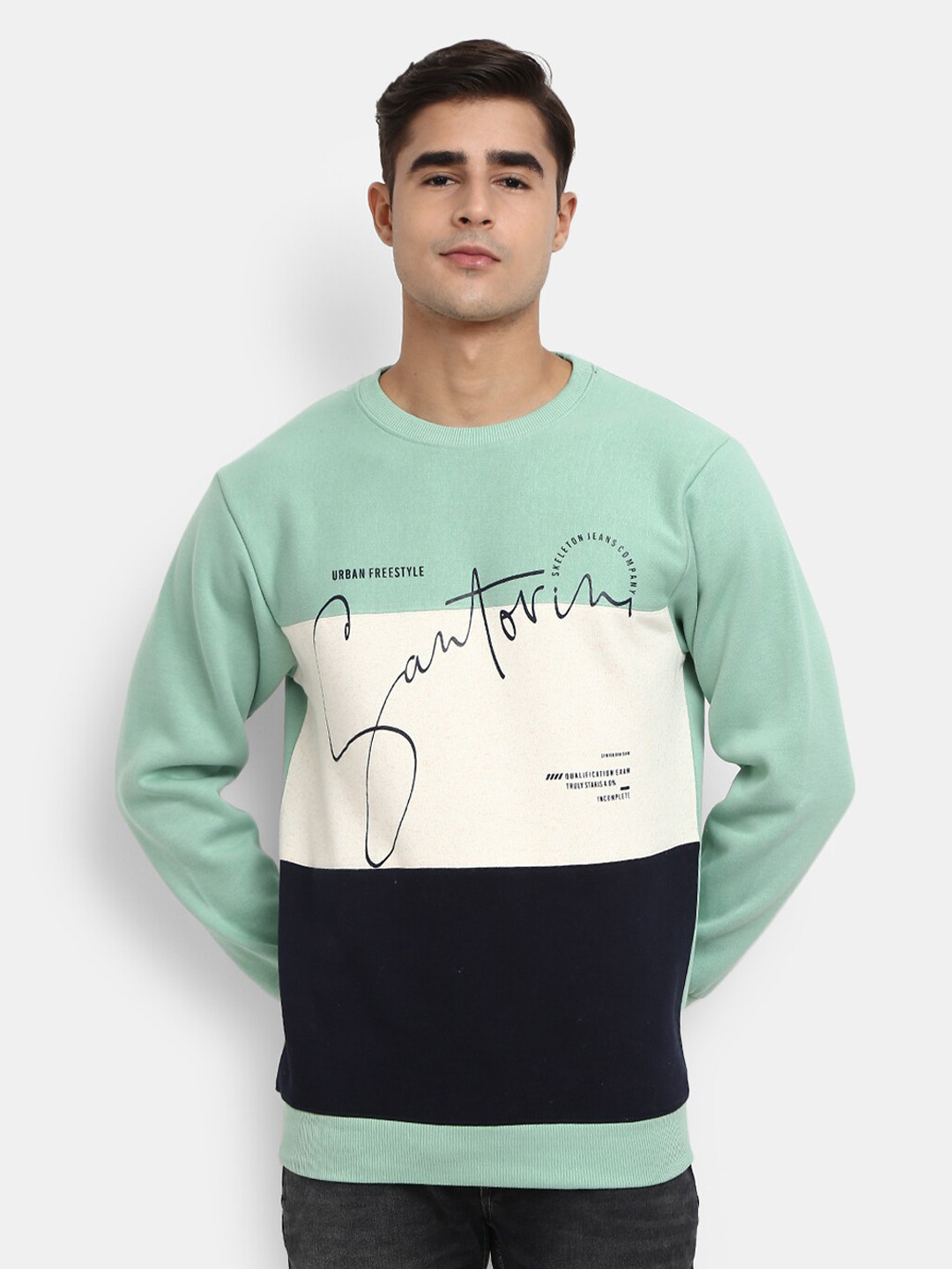 

V-Mart Men Sea Green & Black Colourblocked Sweatshirt