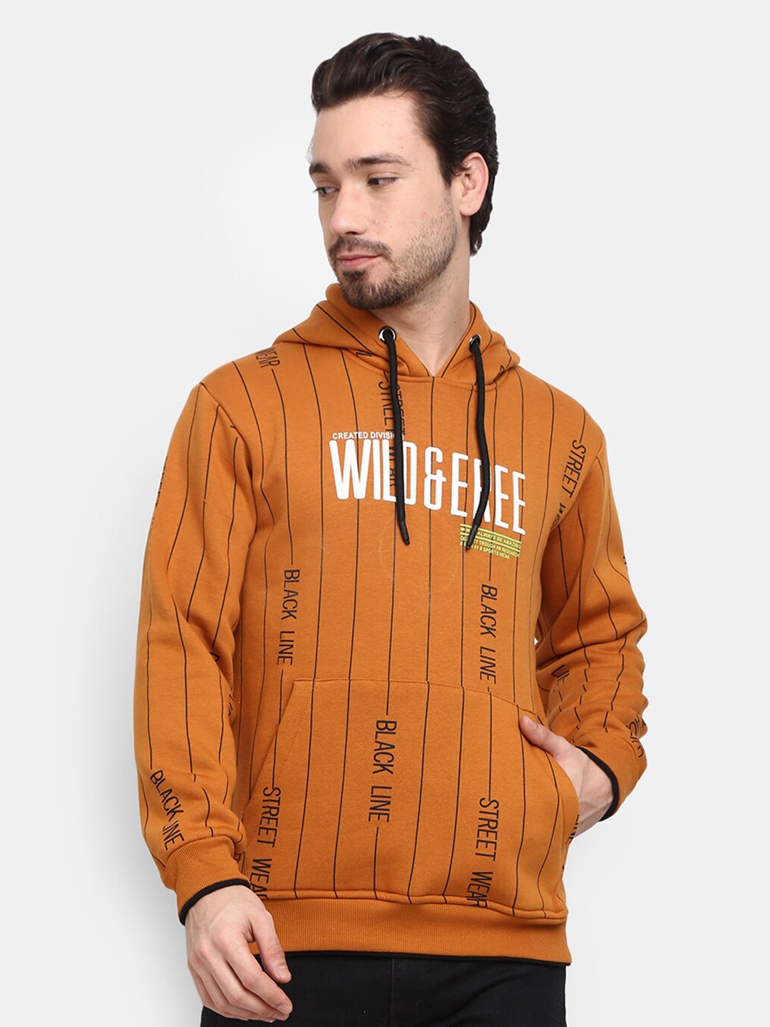 

V-Mart Men Mustard Striped Hooded Sweatshirt