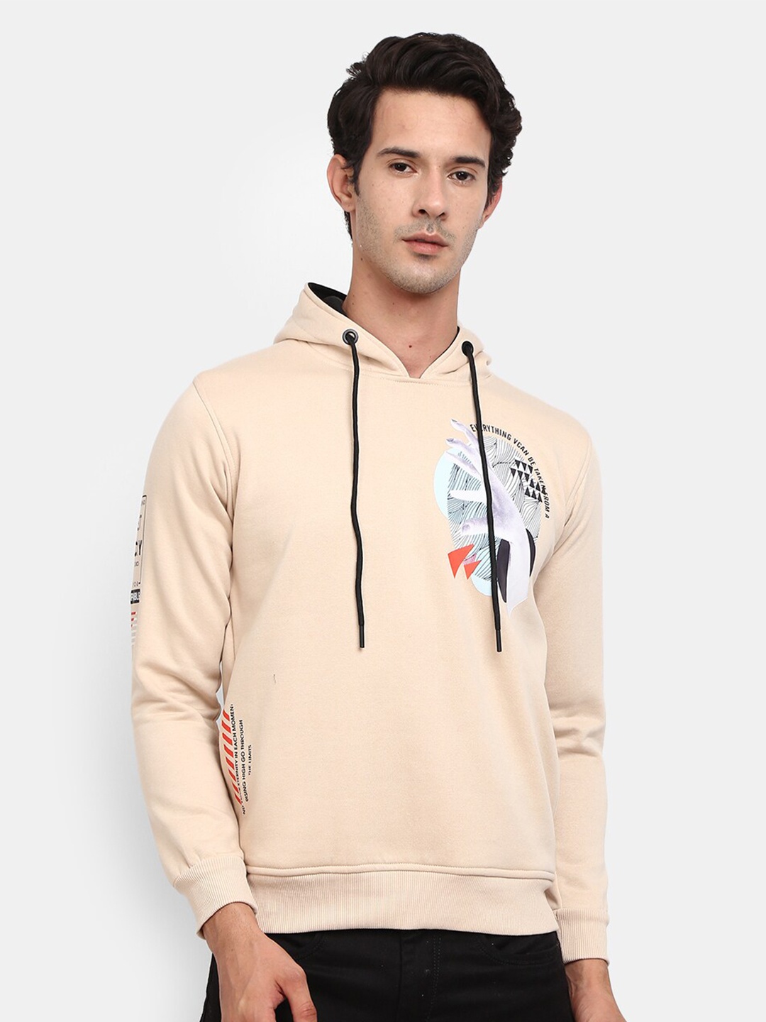 

V-Mart Men Beige Printed Hooded Sweatshirt