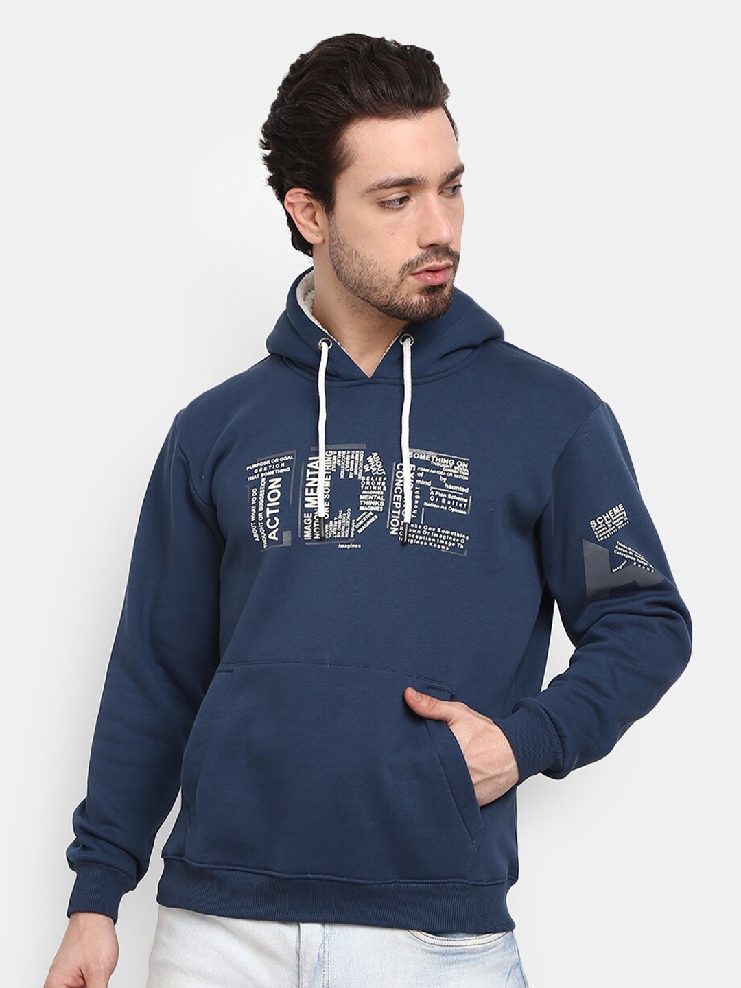 

V-Mart Men Teal Blue Printed Hooded Sweatshirt
