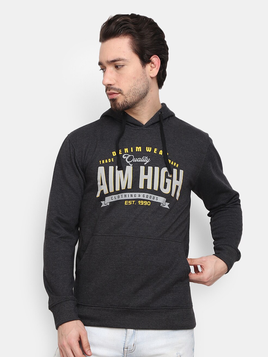 

V-Mart Men Grey Melange Printed Hooded Sweatshirt
