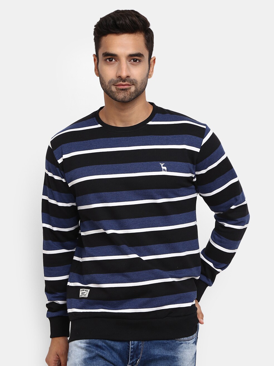 

V-Mart Men Blue & Black Striped Fleece Sweatshirt
