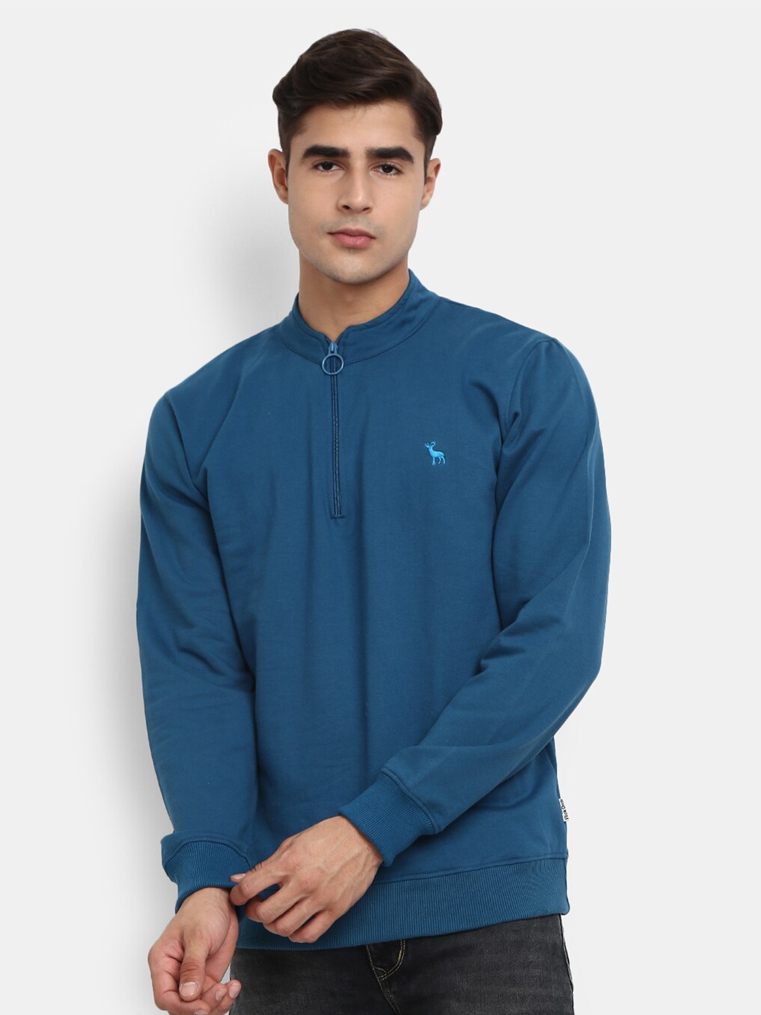 

V-Mart Men Teal Blue Henley Neck Sweatshirt