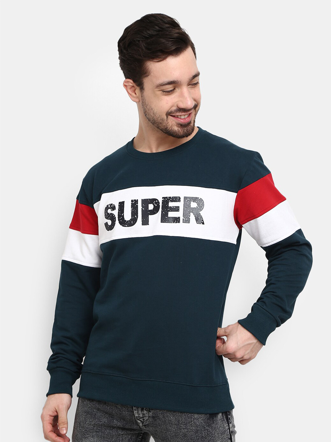 

V-Mart Men Teal Green & White Colourblocked Sweatshirt