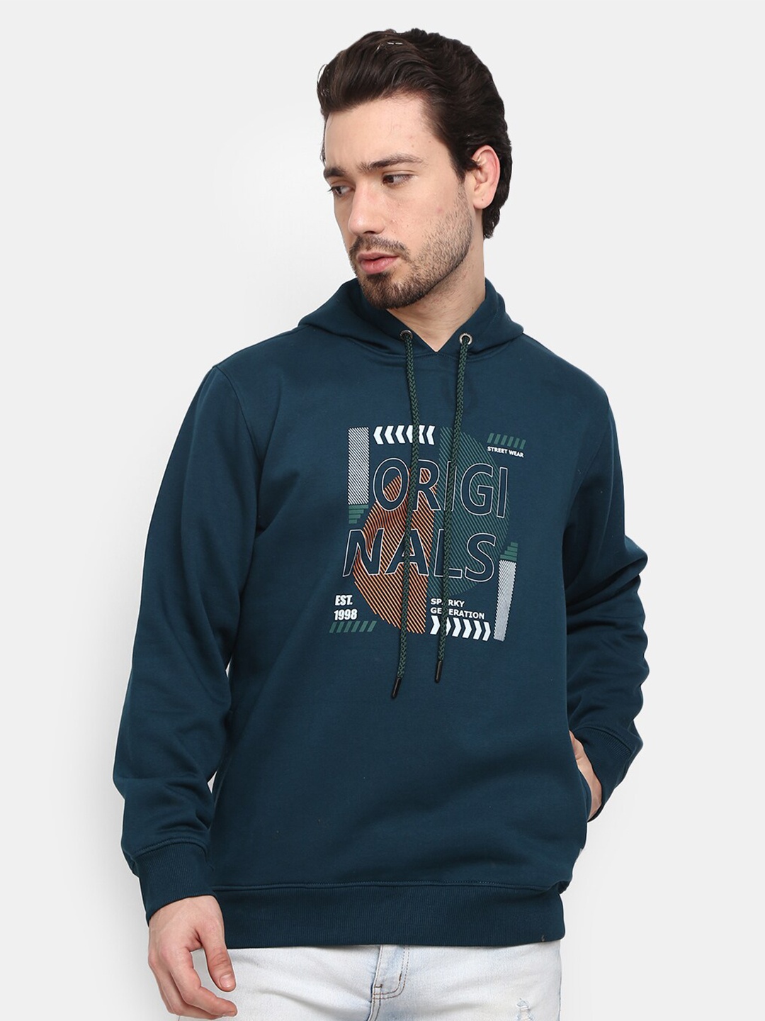 

V-Mart Men Teal Blue Alphanumeric Printed Hooded Sweatshirt