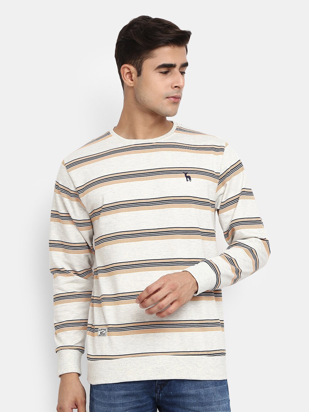 

V-Mart Round Neck Striped Fleece Sweatshirt, Beige